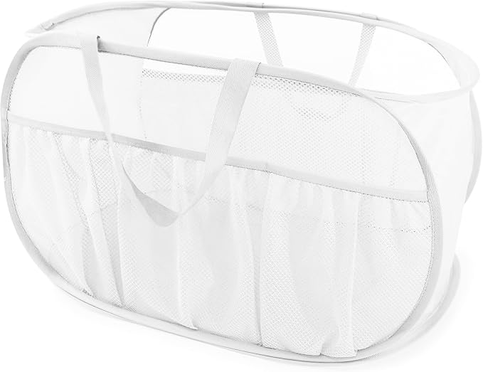 Collapsible Laundry Baskets, Upgrade Pop Up Laundry Hamper with Convenient Bags, Foldable Laundry Basket Mesh Light Weight, Easy to Carry Clothes Hampers for Laundry, Dorm, Toys, Travel White