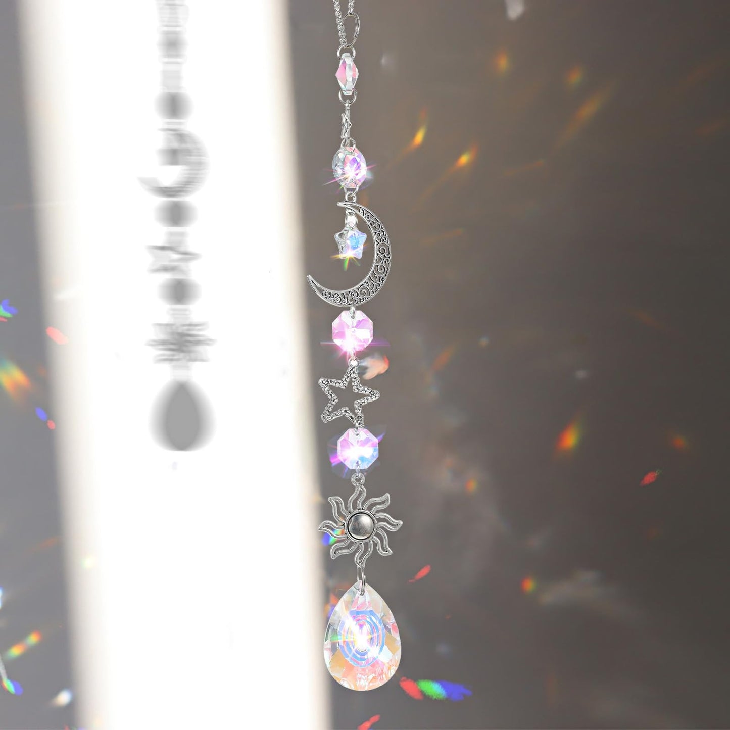 XLIUAX Moon and Star Rear View Mirror Car Charm, Cute Boho Sun Catcher Pendant Hangings Ornaments Healing Crystals Stones Car Decor for Women Men(B)