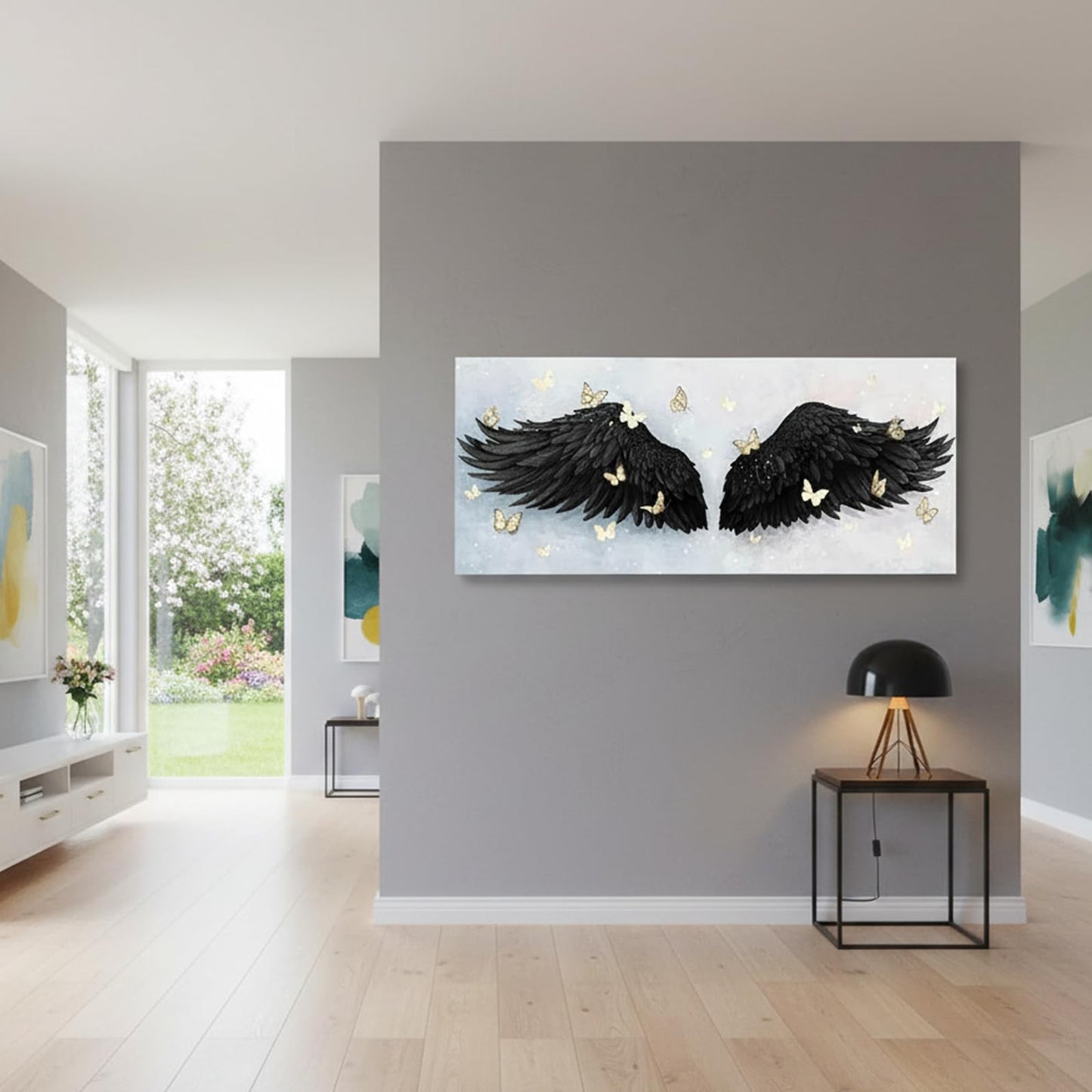 LevvArts Angel Wings Wall Art Canvas Black and Gold Bedroom Decor Contemporary Woman Room Painting Decoration 20"x48"