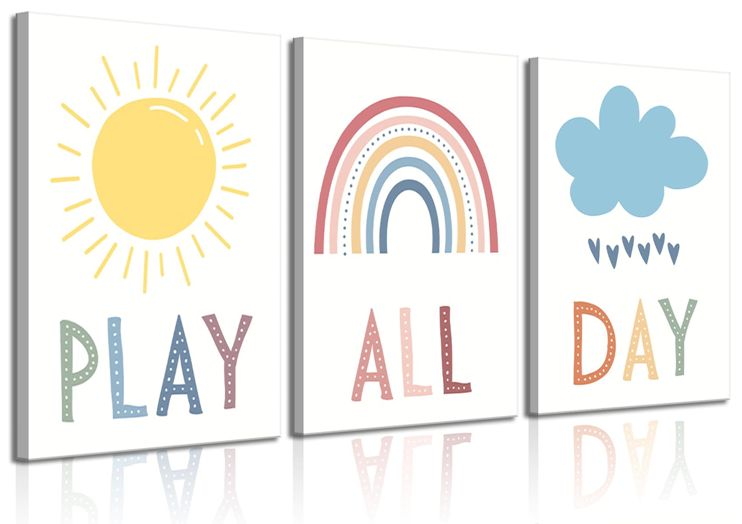 3Pcs Boho Nursery Canvas Wall Art Play All Day Kids Room Wall Decor Pictures Rainbow Sun Cloud Posters Prints for Boy Girl Bedroom Playroom Classroom Decoration, 12x16in