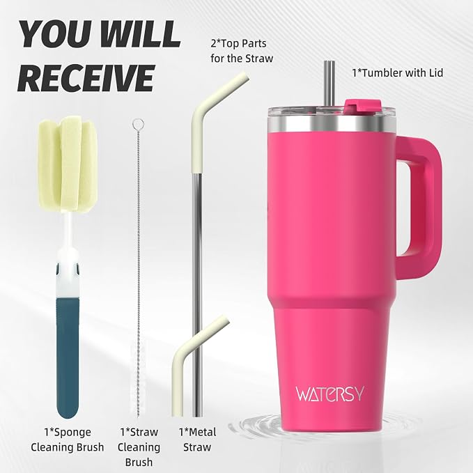 30 oz Tumbler with Handle,Tumbler with Lid and Straw,Double Wall Insulated Cup Stainless Steel Travel Mug(Cold for 34 Hours),Water Bottle for Iced Tea,Coffee,Cold Beverages(Gloss Pink)