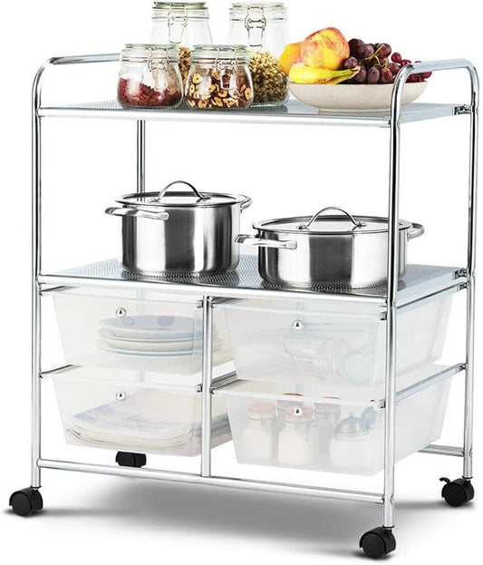 Giantex Rolling Storage Cart w/ 4 Drawers 2 Shelves Metal Rack Shelf Home Office School Beauty Salon Utility Organizer Cart with Wheels (White)