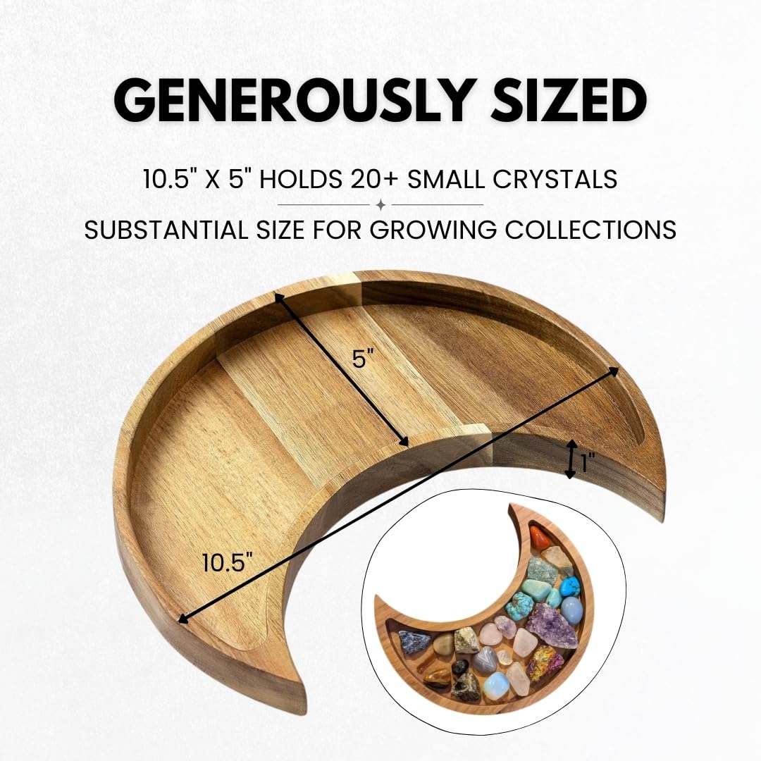 Acacia Wood Moon Crystal Display Tray - Natural Wooden Altar Tray 10.5" x 5" for Crystals and Stones Storage - Solid Wood Jewelry Organizer Dish - Boho Bedroom Decor