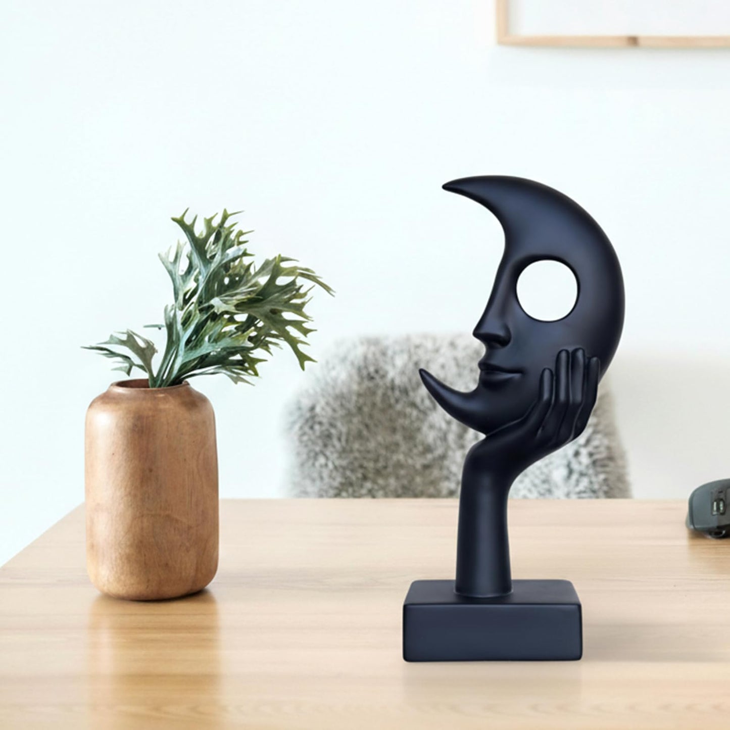 Lodkksg Thinker Statue, Abstract Moon face Black Sculpture, Modern Home Decor Ornament, Suitable for Office, TV Cabinet, Desk, Study, Fireplace Mantel, Resin Statue (Black)