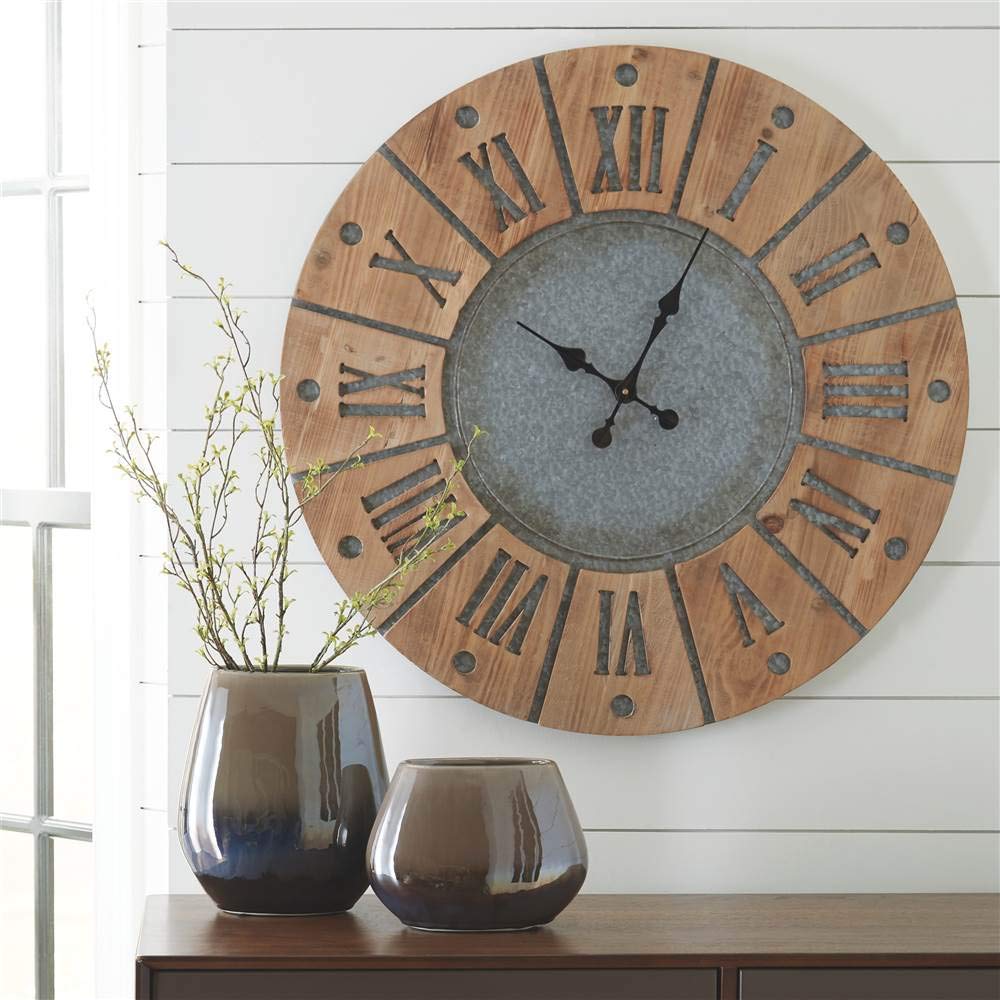 Signature Design by Ashley Payson Farmhouse Wall Clock, 30 x 30 Inches, Natural Wood Finish