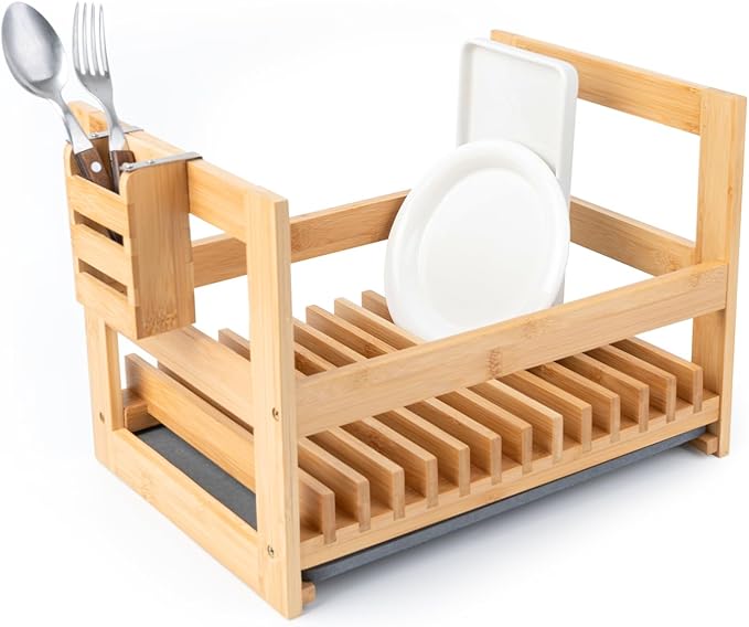 Bamboo Dish Drying Rack with Utensil Holder, Stone Dish Drying Mat, Wooden Dish Drying Rack, Functional Kitchen Organizer, Dish Drainer