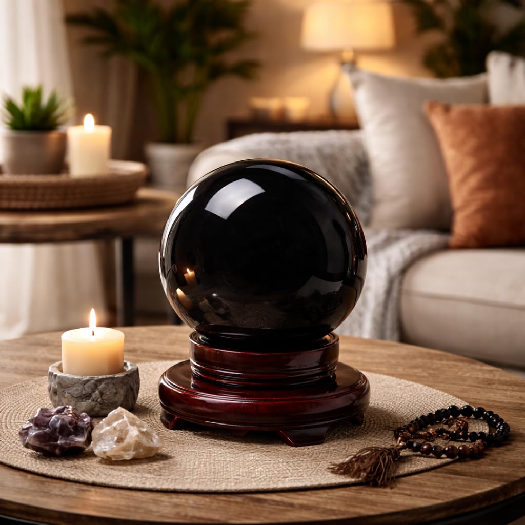Mina Heal Rare Large Obsidian Crystal Sphere for Meditation, Healing, Feng Shui, and Protection – Handcrafted Black Obsidian Ball with Stand