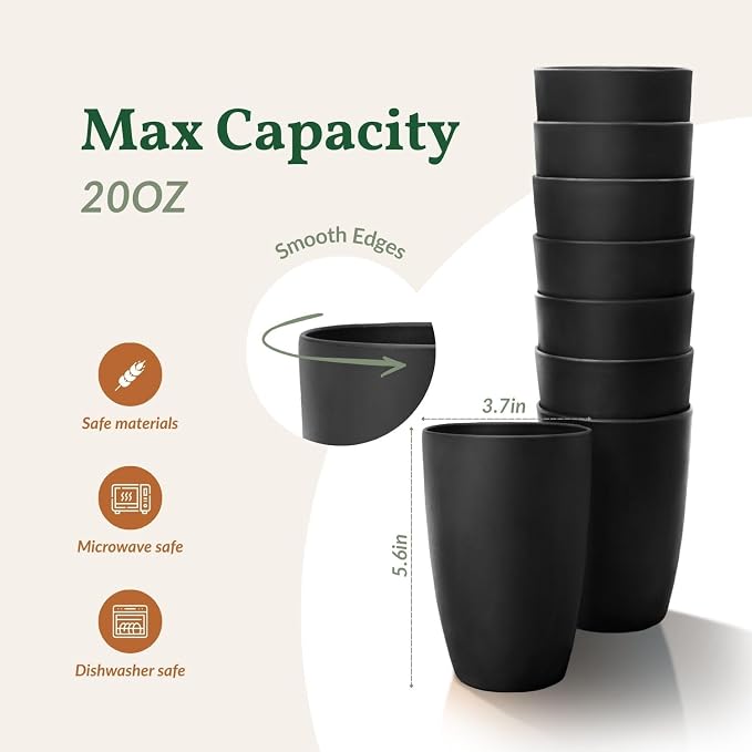 Homienly Wheat Straw Cups 8 PCS Plastic Cups Unbreakable Drinking Cup Reusable Dishwasher Safe Water Glasses with Black Color (20 OZ)