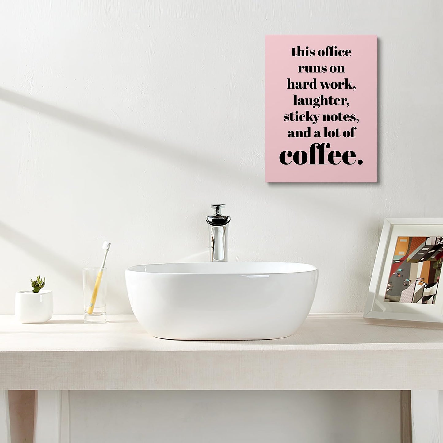 XWELLDAN Teamwork Quote Wall Art Canvas Print, Coffee Humor Workplace Decor, 11 x 14 Inch, Framed (Pink)