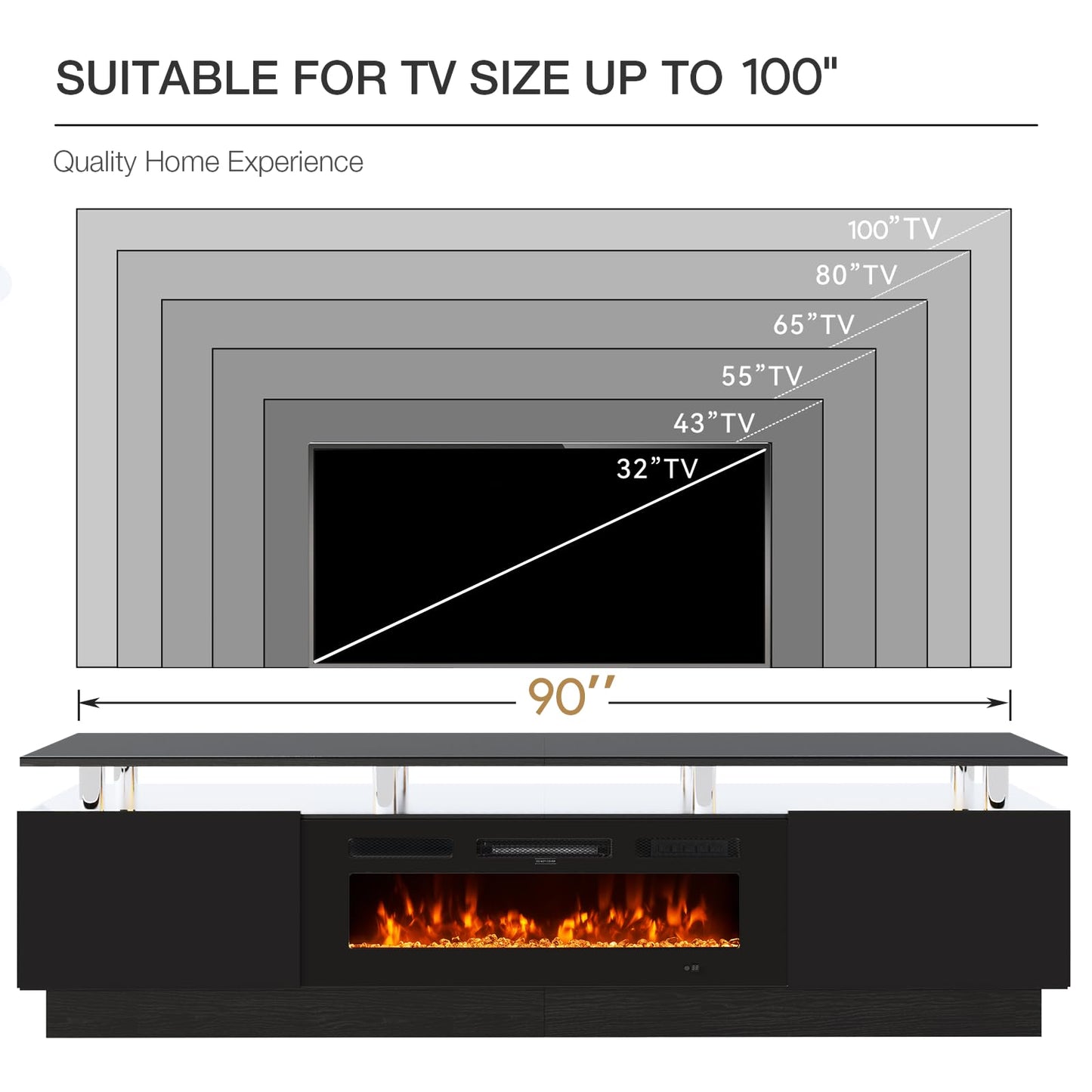 OneBlis 90" TV Stand for Living Room, Large Entertainment Center & Media Console, Fits TVs up to 100", Storage Cabinet with Shelves, 50" Electric Fireplace