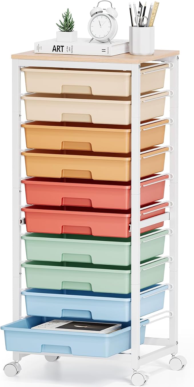 SYKIARIOL Rolling Cart with Drawers,10 Drawer Rolling Cart,Storage Cart with Wheels,Utility Cart with Drawers,Teacher Cart for Classroom Storage,Craft Cart with Wheels and Wooden Tabletop,Rainbow