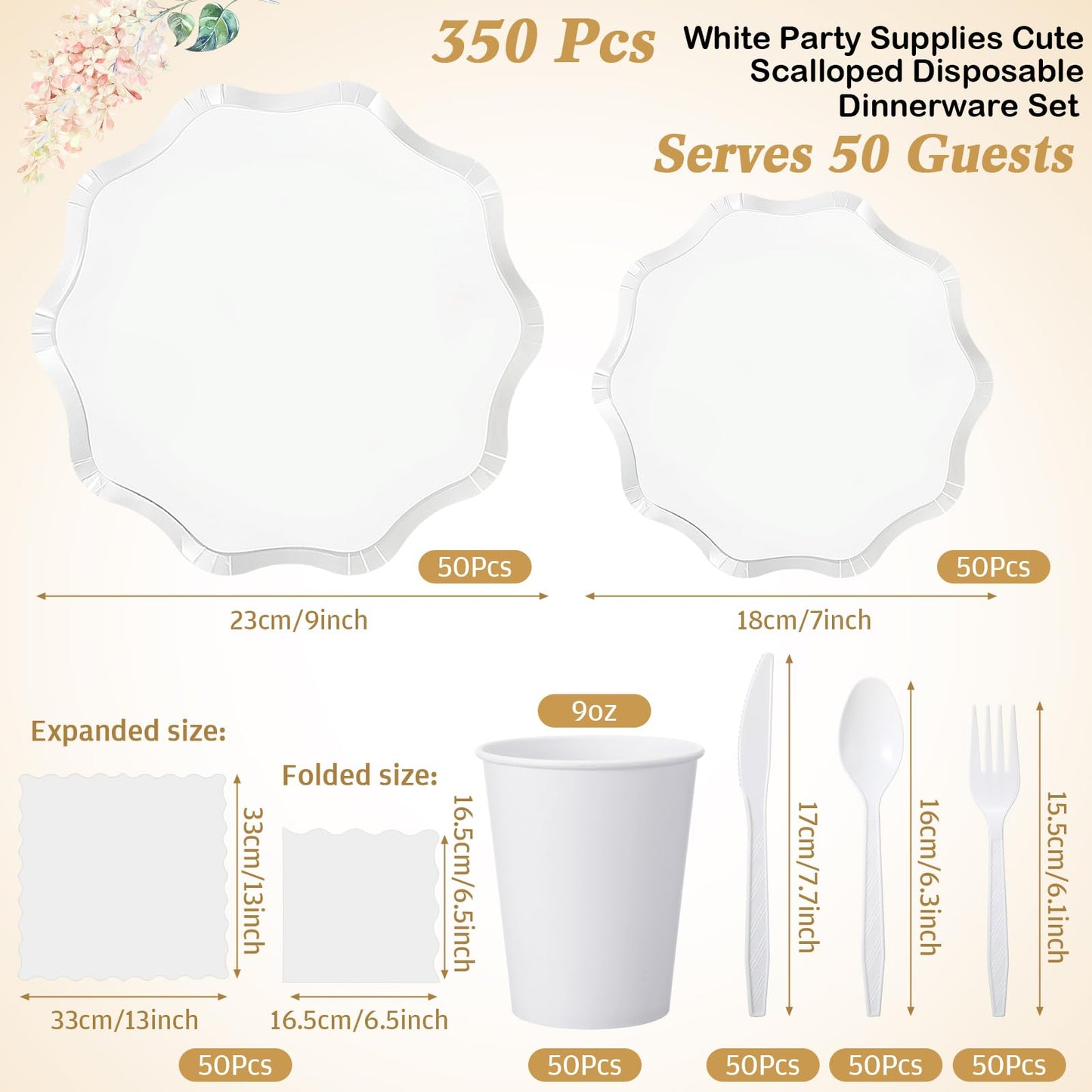 Ziliny 350 Pcs Cute White Party Supplies, 50 Guests Disposable Paper Plates Paper Cups Cutlery Napkins Dinnerware Set for Wedding, Birthday, Baby Shower, Outdoor (scallop Wave 1, White)