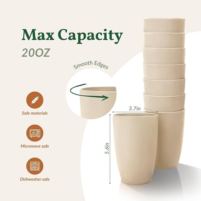 Homienly Cups for Kitchen Unbreakable Wheat Straw Cups 8 PCS Alternative to Plastic Cups Stackable Drinking Cup Reusable Dishwasher Safe Water Glasses with Beige Color (20 OZ)