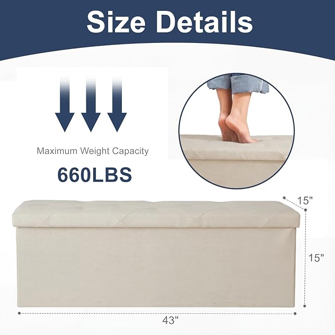 DUMOS 43 Inch Folding Storage Ottoman Bench, Large Hidden Storage Chest withThicker Foam Padded Seat, End of Bed Foot Rest Stool for Bedroom Living Room Entryway, Load 660 lbs, Beige