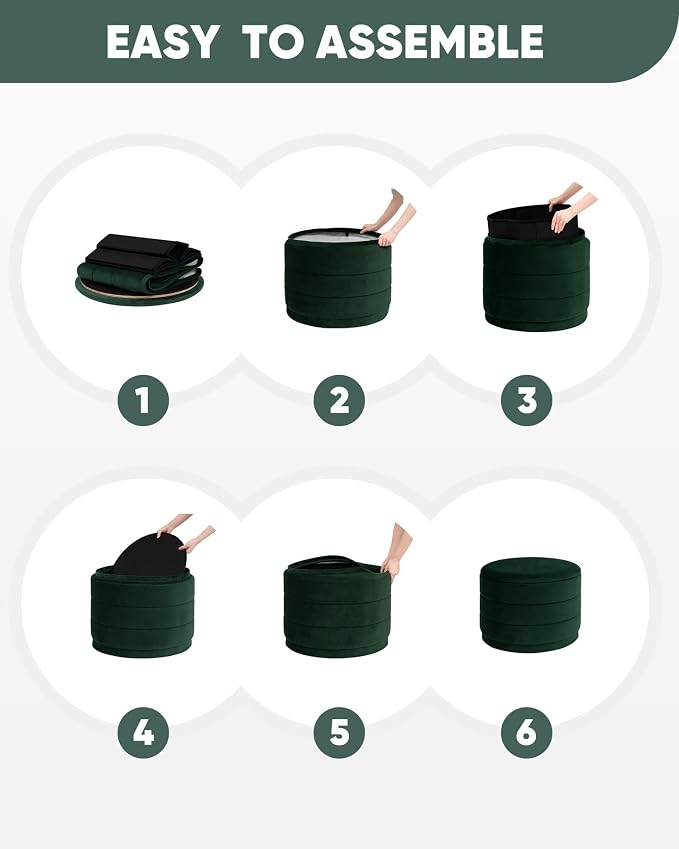 B FSOBEIIALEO Round Velvet Storage Ottoman with Tray, Folding Ottoman with Storage Coffee Table Foot Rest for Dorm Room, Living Room Bottle Green, 22.83"x22.83"x17.32"