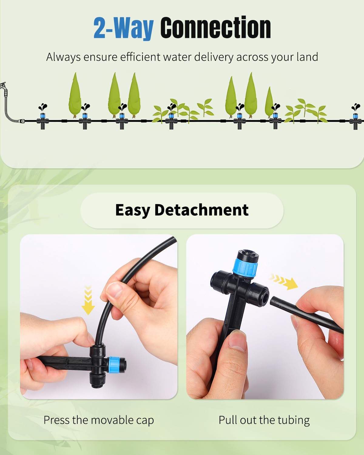 Pawfly 30 Pcs Push-to-Fit Drip Irrigation Emitters for 1/4 Inch Tubing, Two-Way Connection Irrigation Drippers with Adjustable 360 Degree Water Flow, Drip Emitters Sprayers with Stake & End Plugs