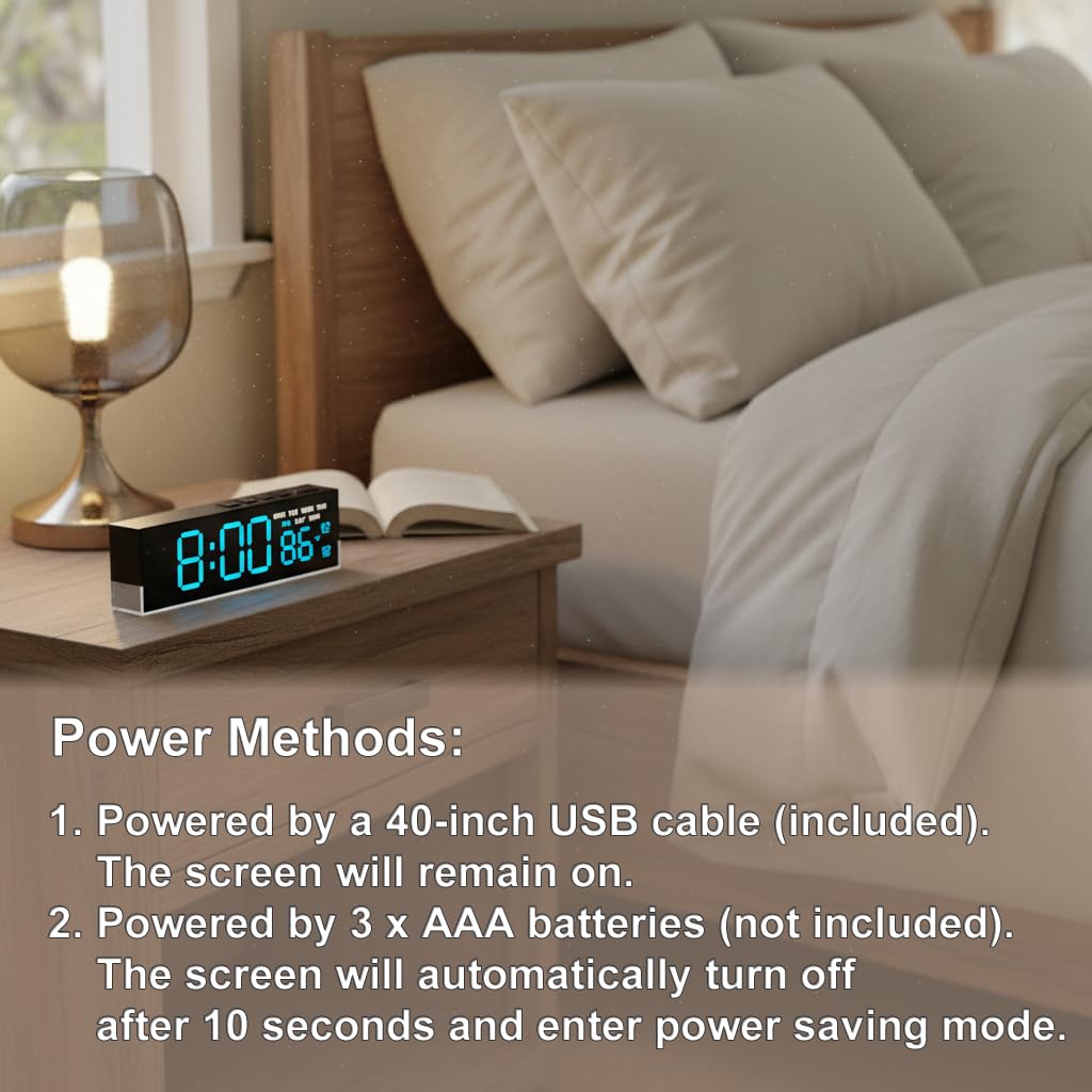 JENLYSTIME 7 Inch LED Digital Alarm Clock with Dual Alarms & Bottom Glow｜Displays Time, Date, Day, Temperature｜3-Level Auto/Manual Brightness, DST, USB or Battery Powered Modern Desk Clock (Blue)