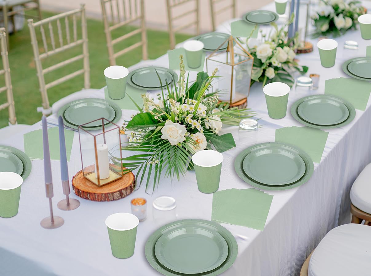 TWOWYHI 200PCS Party Supplies Paper Plates Set for Party with 50Guests 7"and 9" Disposable Plates Napkins Cups for Birthday Bridal Shower Wedding Parties Sage Green