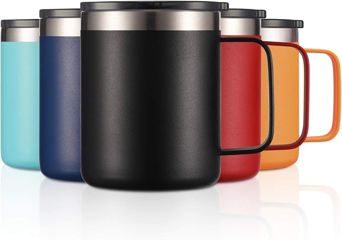 12oz Stainless Steel Insulated Coffee Mug with Handle, Double Wall Vacuum Travel Mug, Tumbler Cup with Sliding Lid, Black