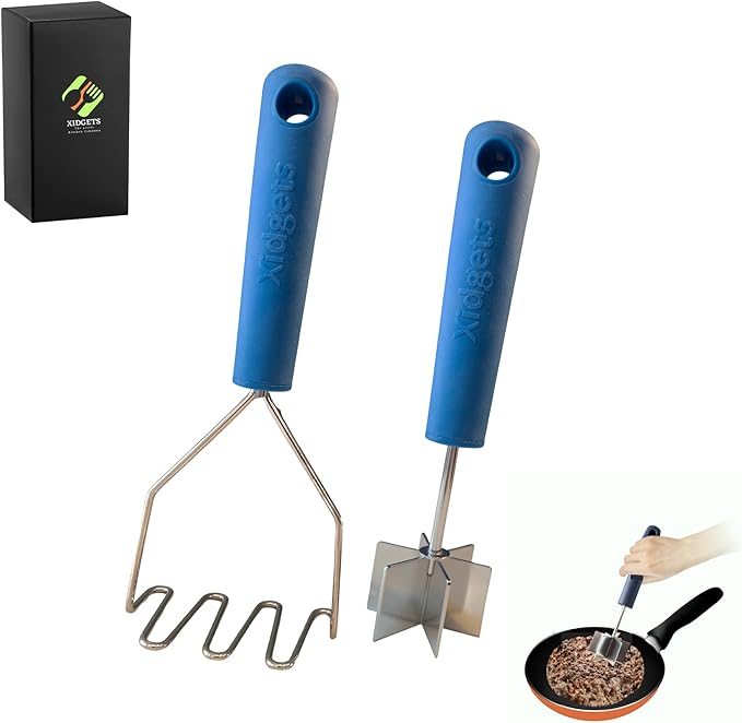 2pc Gift Set | Large Stainless Steel Meat Chopper & Potato Masher | 6-Blade Ground Beef Chopper Tool | Oversized Ergonomic Handle | Heat Resistant Grip | Dishwasher Safe (Lagoon Blue/Lagoon blue)