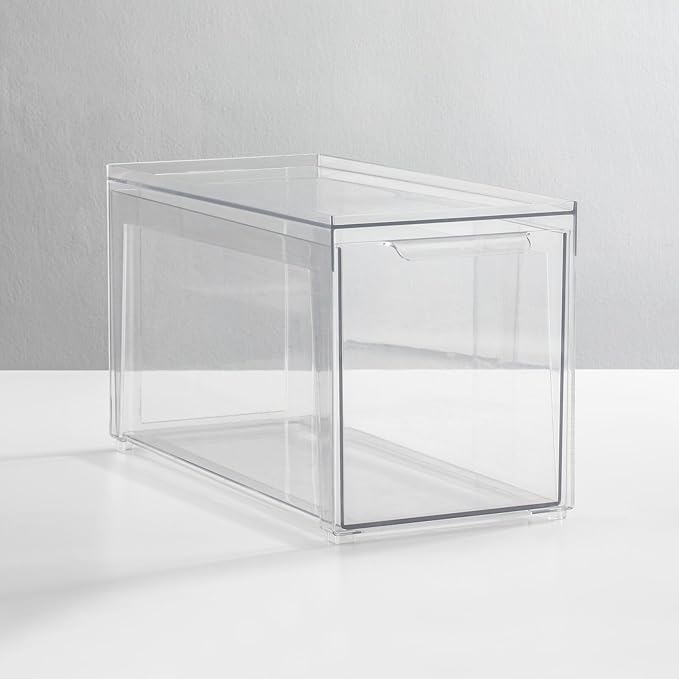 mDesign Plastic Stackable Bathroom Storage Organizer Bin Containers with Front Pull Drawer for Bathroom Countertop, Vanity, Closet Shelves - Holder for Accessories - Lumiere Collection, 2 Pack, Clear