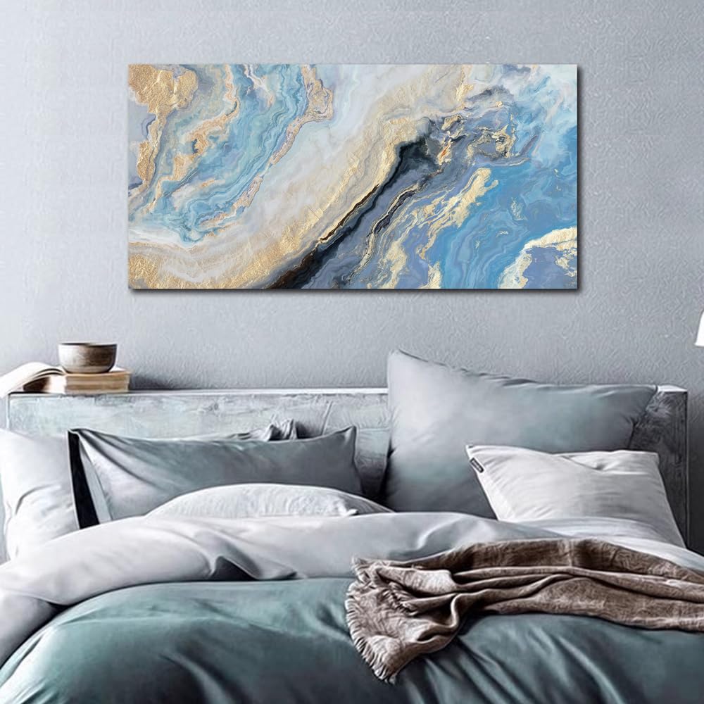 Abstract Canvas Wall Art Decor for Living Room Blue Gold Marbling Pictures Painting for Bedroom Modern Abstract Canvas Art Ptints for Bathroom Office Home Decorations
