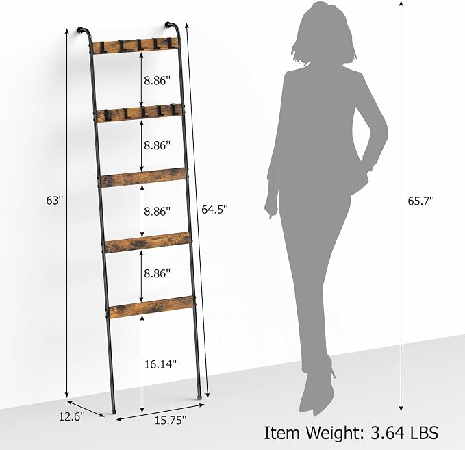 Blanket Ladder Shelf for Living Room, 5-Tier Wall Leaning Towel Rack with 10 Removable Hooks, Rustic Farmhouse Wooden Quilt Blanket Holder for Bedroom Boho Bathroom Decor, Rustic Brown
