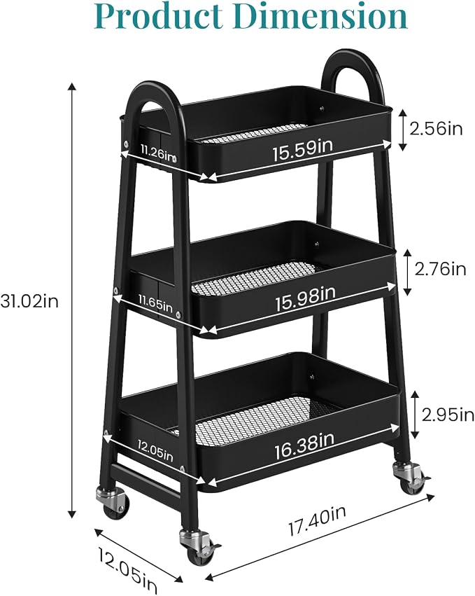 OLIXIS Metal 3 Tiers Utility Rolling Cart, Mobile Storage Shelf with Lockable Caster Wheels, Organization for Livingroom, Bathroom & Narrow Places, Black