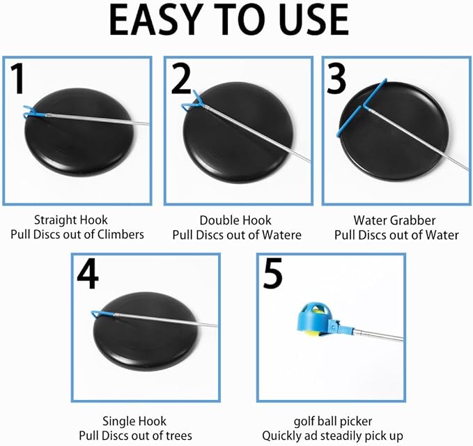 MD 5 in 1 Extendable Disc Golf Retriever. (16FT) Telescopic Disc Golf Retriever Durable Stainless Steel Frame,Multi-Hook Grabber with Carry Bag, Disc Golf Accessories for Tree Bushes & Water.