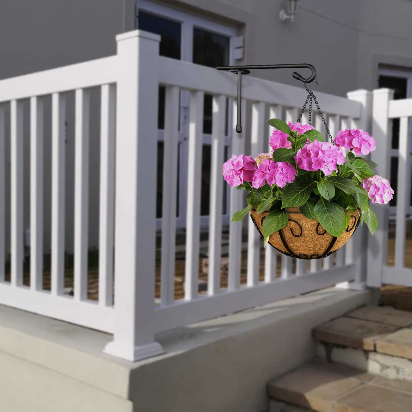 Vinazone Vinyl Fence Hooks for Hanging, Heavy Duty Patio Hangers, Outdoor Fence Hangers for Hanging Flower Baskets, Wind Chimes, Planters, Bird Feeders, Lights, Lanterns - 4 Pack - Black Color