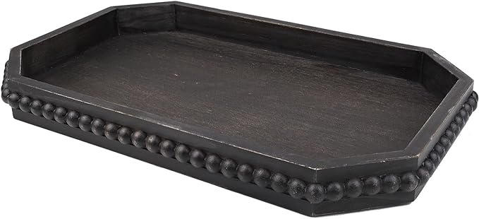 Hrastany Wood Rustic Serving Tray with Beads, Farmhouse Vintage Black Decorative Tray for Table Centerpiece, Christmas Wedding Halloween Home Decor