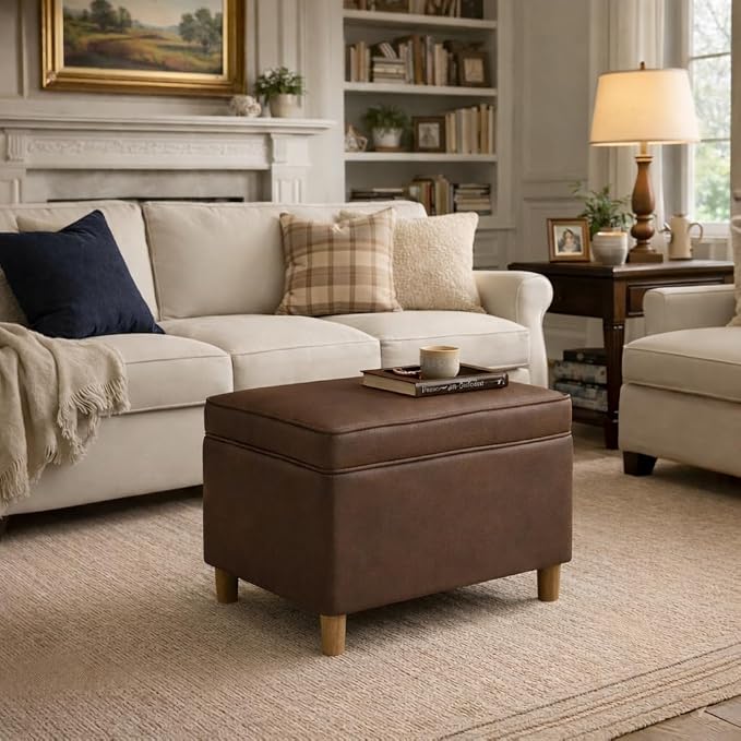 Spatial Order Home Decor | Dinah Collection Modern Storage Ottoman | Ottoman with Storage for Living Room & Bedroom(Brown Faux Leather)