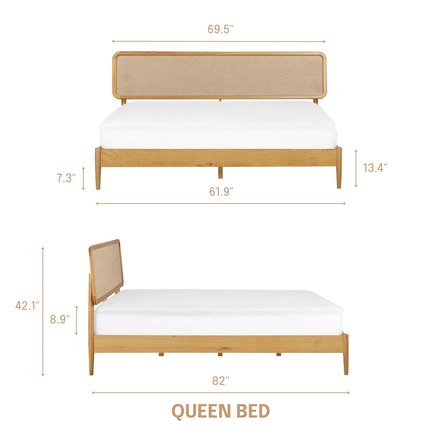 NTC Lupin Wooden Bed Frame with Headboard, Solid Oak and Rubber Wood Foundation with Silent Slats and Wood Central Supports, 1000 Lb Capacity (Rustic Oak, Queen)
