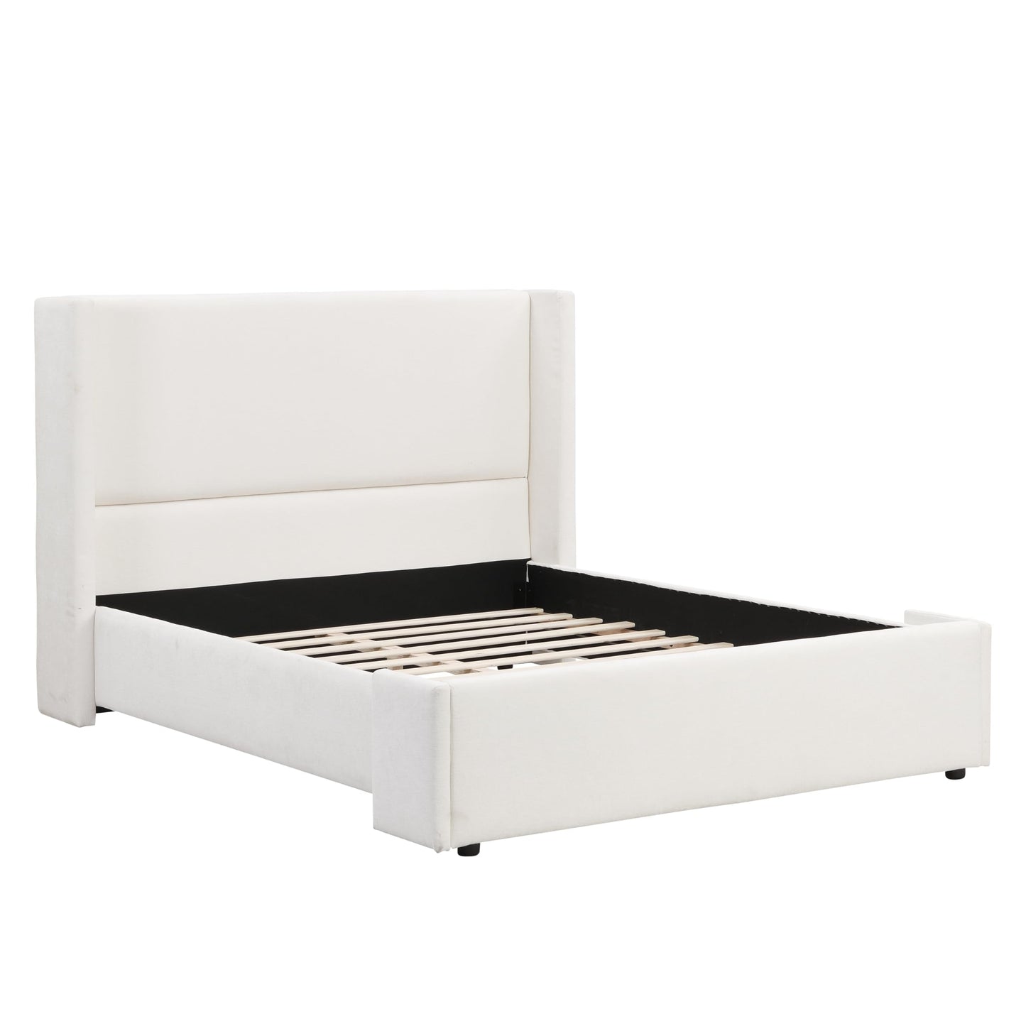Merax Queen Size Bed Frame, Elegant White Upholstered Platform Bed with 41.1" Tall Wingback Headboard for Bedroom, Solid Wood Slats Support, No Box Spring Needed, Easy Assembly