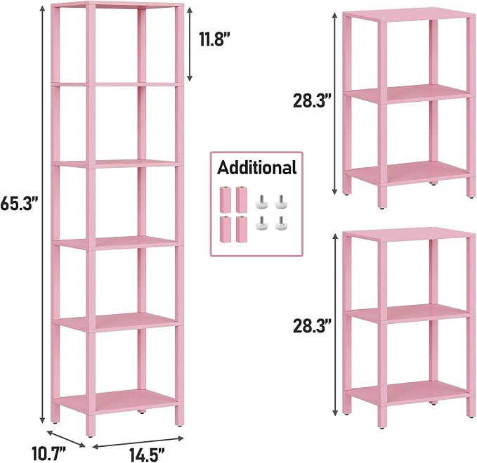 TUTOTAK Bookshelf, 6-Tier Tall Book Shelf, Narrow Bookcase for Small Space, DIY Stackable Bookshelf, for Living Room, Office, Study, Entryway, Industrial, Pink BS01BP006