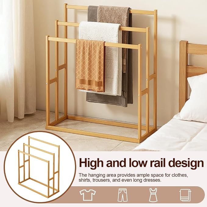 Wooden Blanket Ladder, Multi-Tier Freestanding Blanket Rack, Rustic Quilt Rack and Wood Towel Rack Stand, Farmhouse Decorative Ladder for Bathroom and Living Room, Holds Towels, Blankets, Quilts