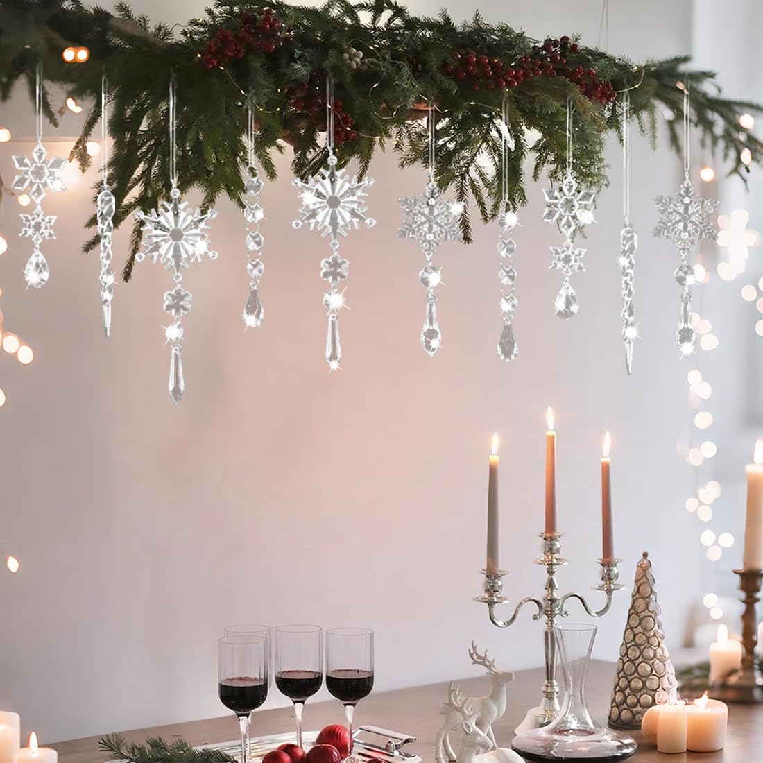 10PCS Crystal Ornaments for Christmas Tree, Hanging Christmas Acrylic Snowflake Icicle Ornaments with Drop Pendants, Crystal Snowflake Ornament for Xmas Party Winter Wonderland New Years