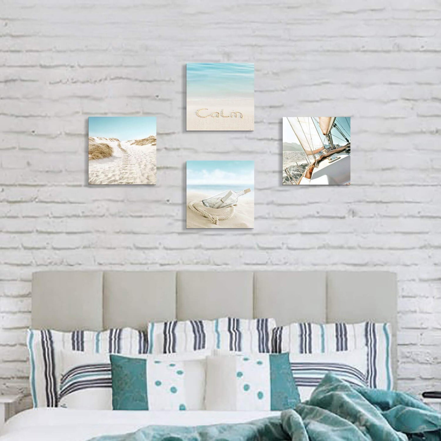 SD SOFT DANCE Beach Picture Coastal Artwork Painting: Bottle & Sailboat Blue Ocean Seascape Wall Art Canvas for Living Room (12” x 12” x 4 Panels) Visit the Store