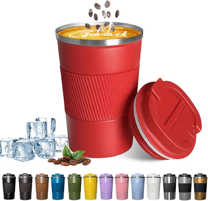 YINBAOGE Insulated Travel Coffee Mug, Spill & Leak Proof, Portable To Go Camping Stainless Steel Coffee Tumbler, Reusable Thermal Coffee Cup with Lid for Hot & Cold Drinks (Red, 17 OZ)