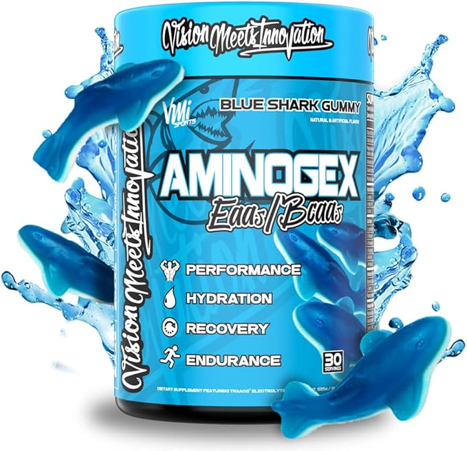 VMI Sports Aminogex Ultra | EAA + BCAA Powder | Amino Acid + Hydration Recovery Drink with Electrolytes, Betaine and Glutamine | (30 Servings) (Blue Shark Gummy)