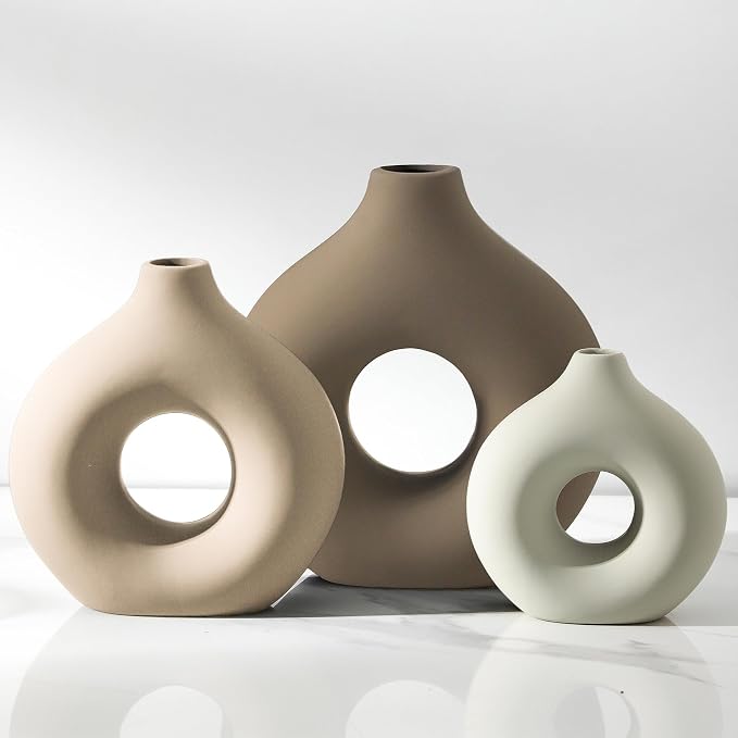 Vanselia Ceramic Vase Home Table Decor - Flower Vases Set of 3 Small Living Room Centerpiece Decorations for Shelf Bedroom Office Kitchen Dining Desk Modern Aesthetic Farmhouse Decorative (Farmhouse)