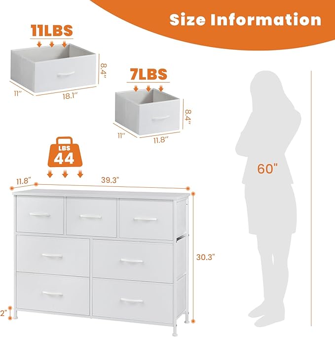 Sweetcrispy 7 Drawer Dresser Storage Organizer with Fabric Bins, Sturdy Steel Frame and Wood Top, Easy Pull Handles, for Bedroom Closet Hallway Entryway,White