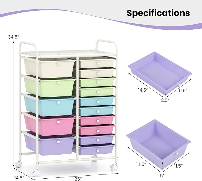Giantex 15 Drawer Rolling Cart with Drawers, Storage Organizer Cart for Classroom Office School Teacher, Mobile Drawer Cart for Tools, Crafts, Small Printer, Paper, Pastel Ice Cream