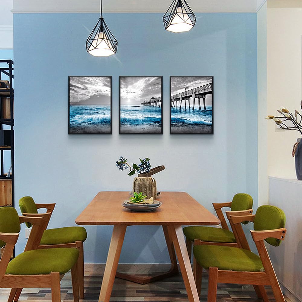 Black Framed Canvas Wall Art - Living Room, Bedroom & Office Decor - Blue Ocean Sea Wave Pictures - Modern Home Decor