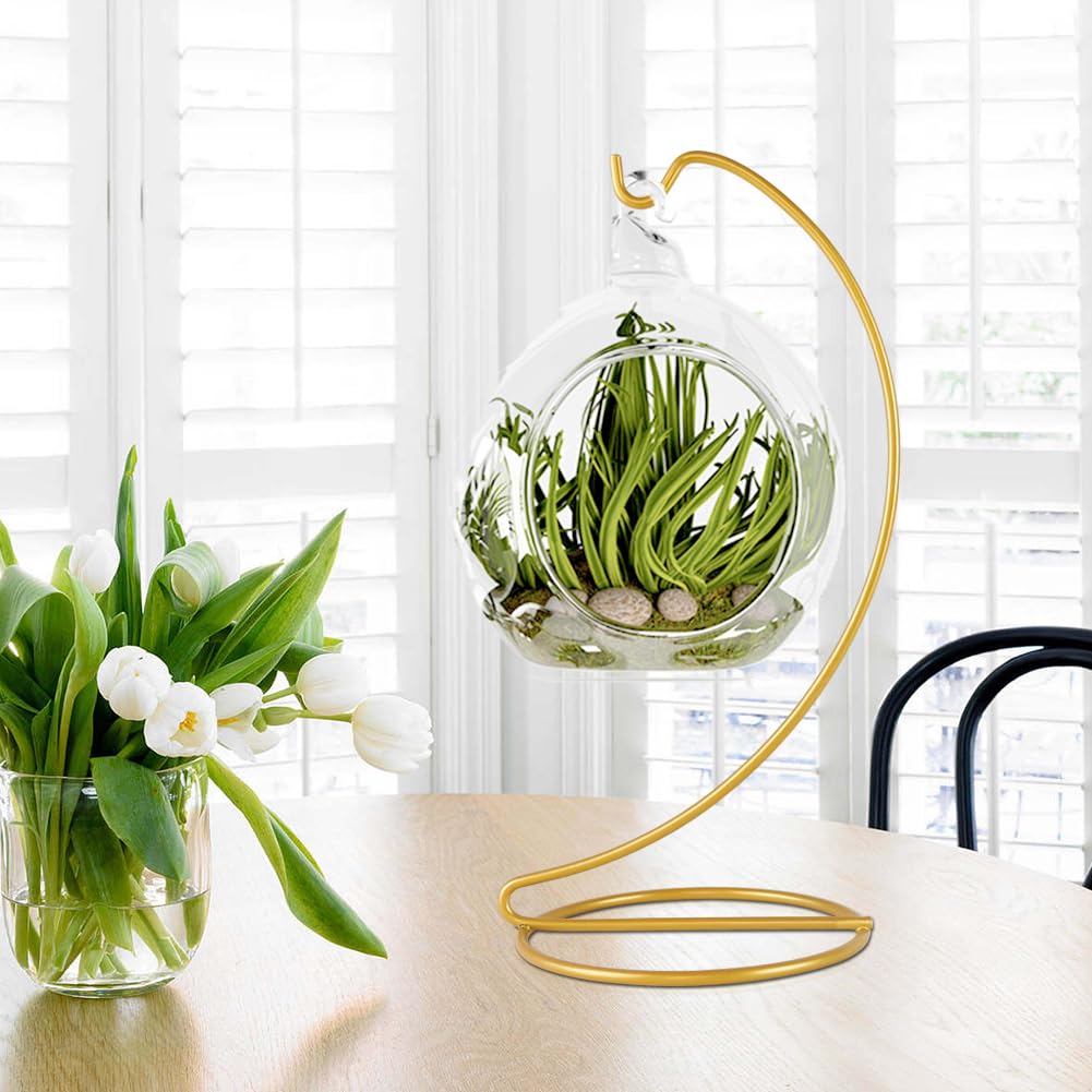 Fosinz 9 Inch Gold Ornament Display Stand, Metal Ornament Hanger Stand for Hanging Glass Globe, Air Plant Terrarium, Witch Ball, Christmas Ornament and Home Wedding Decoration (1, 9x4 Gold)