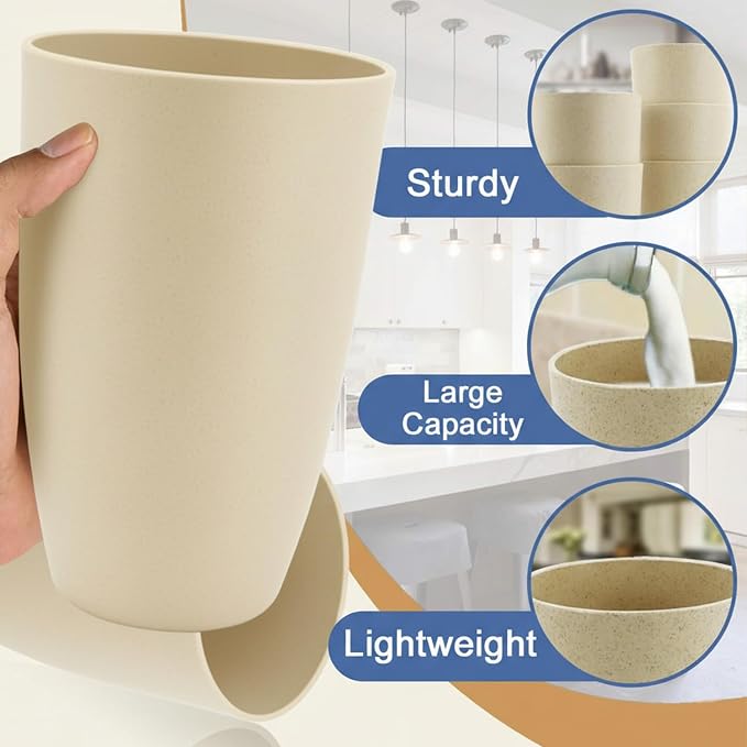 Wheat Straw Cups 20 OZ Large Capacity Set of 6, Unbreakable Drinking Cups Reusable, Alternative to Plastic CupSet, Dishwasher Safe Cups for Kitchen Water Tumblers (Beige)