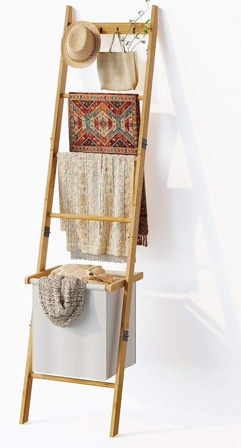 BAMBANG Bamboo Blanket Ladder with Basket, 5-Tier Quilt Rack Stand with 4 Hooks & Storage Hamper for Living Room Bathroom, Wall Leaning Decorative Ladder Shelf for Blankets Display (Natural)