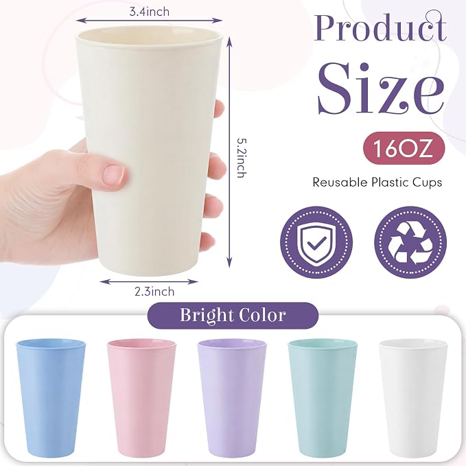 Yungyan 50 Pcs Unbreakable Plastic Cups 16oz Thickened Reusable Plastic Cup Stackable Water Tumblers Drinking Cup for Kitchen, Outdoor, Bpa-free, Dishwasher Refrigerator and Microwave(Bright Color)