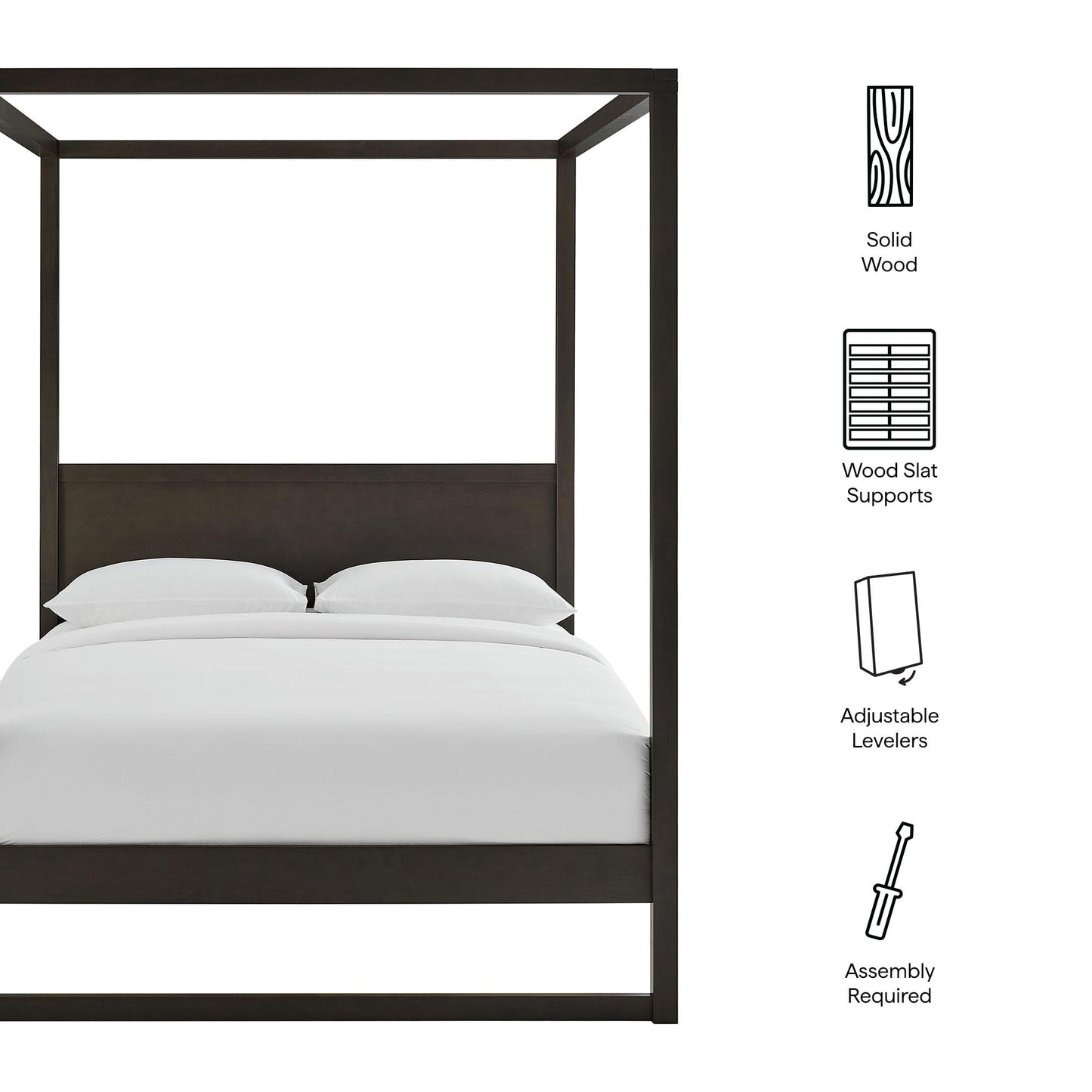 Modway Alva Queen Size 4-Post Wood Platform Canopy Bed in Smoked Oak – with with Headboard and Solid Rubberwood Frame