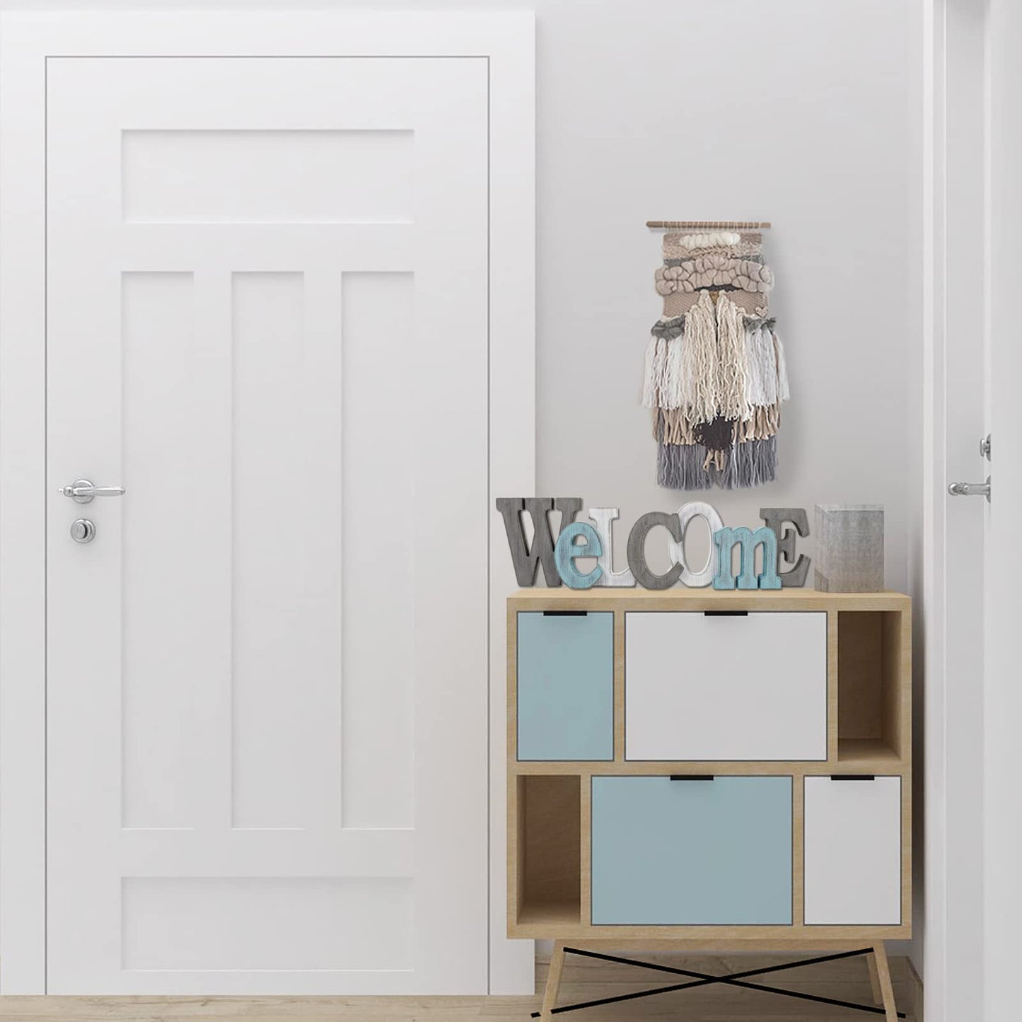 Morning View Wooden Welcome Sign Decorative Hanging Word Signs Table Top Cutout Block Letters Standing Welcome Letter Sign Wall Decor for Living Room Home Decor Shelf Mantel (Aqua)